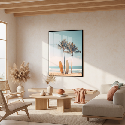 Two surfboards sitting beach next palm trees