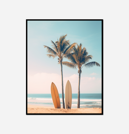 Two surfboards sitting beach next palm trees
