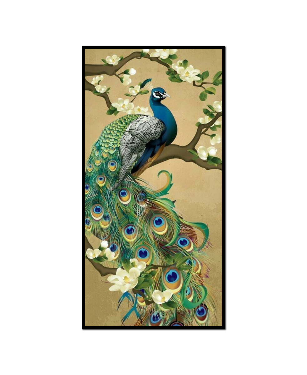 peacock sitting branch flowers tree