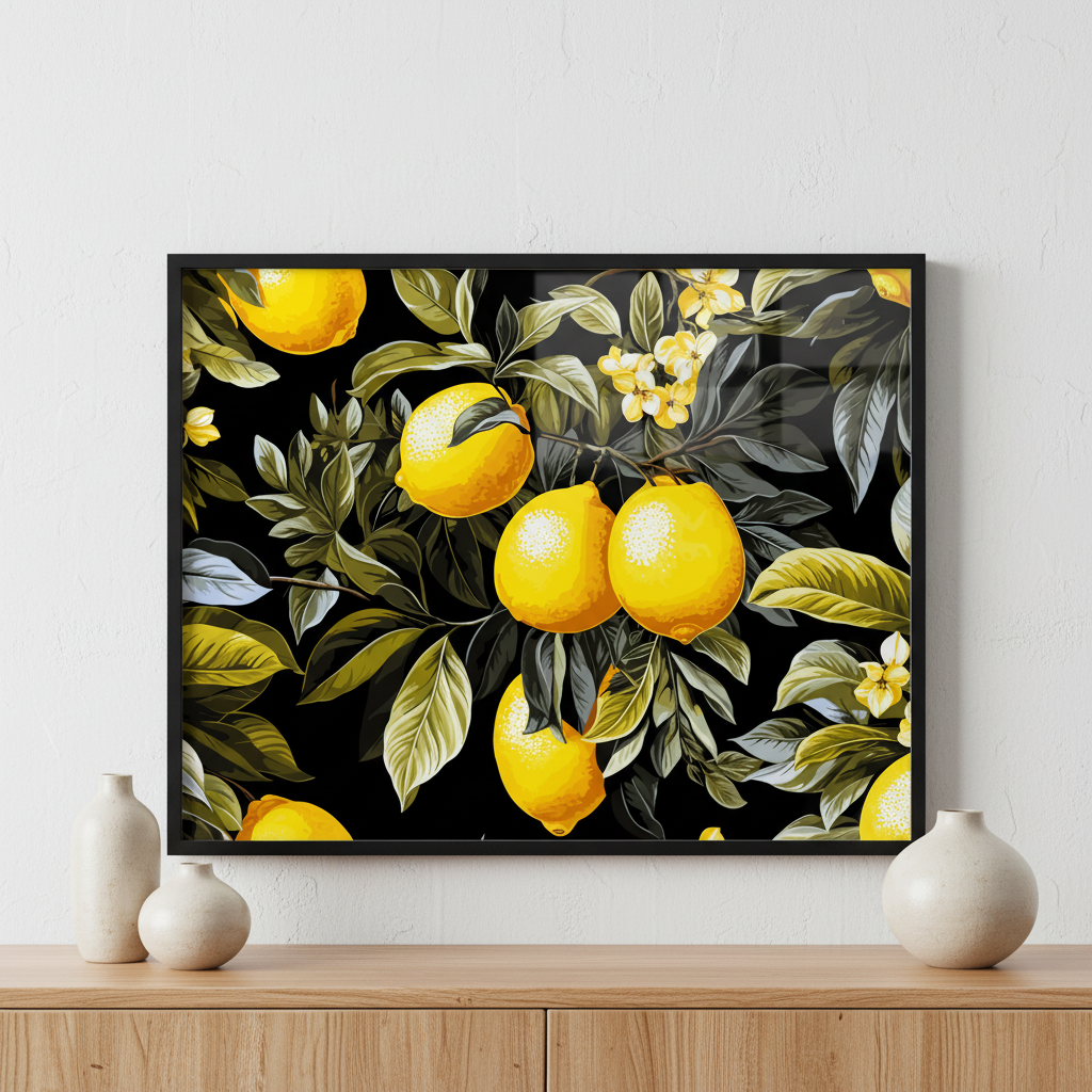 Painting lemons tree ภาพติดผังสไตล์สแกนดิเนเวีย สำหรับตกแต่งบ้านและคอนโด พร้อมกรอบคุณภาพ