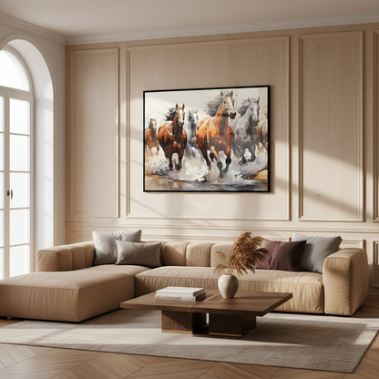 Painting group horses running water