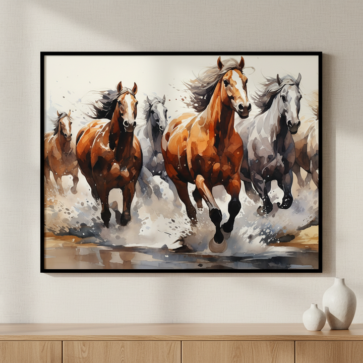 Painting group horses running water ภาพติดผังสไตล์สแกนดิเนเวีย สำหรับตกแต่งบ้านและคอนโด พร้อมกรอบคุณภาพ