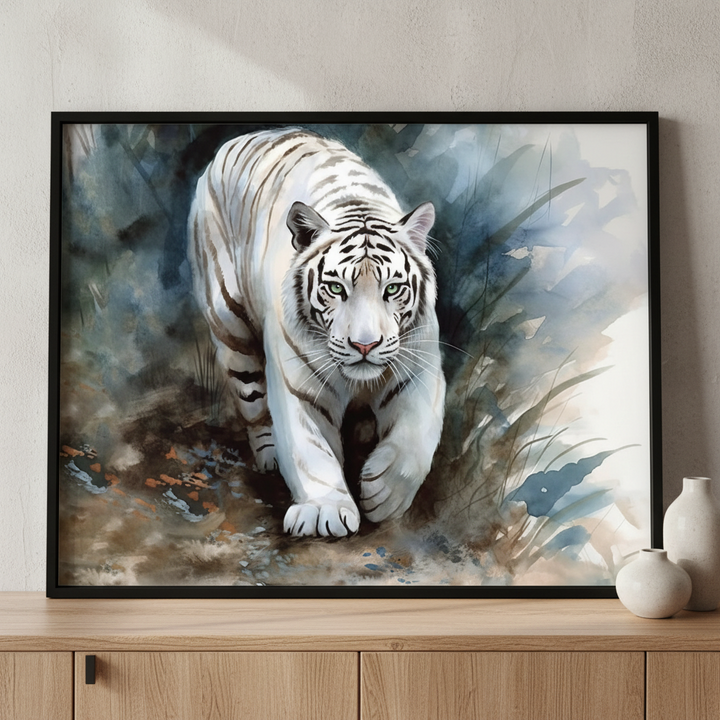 Painting white tiger walking wild ภาพติดผังสไตล์สแกนดิเนเวีย สำหรับตกแต่งบ้านและคอนโด พร้อมกรอบคุณภาพ