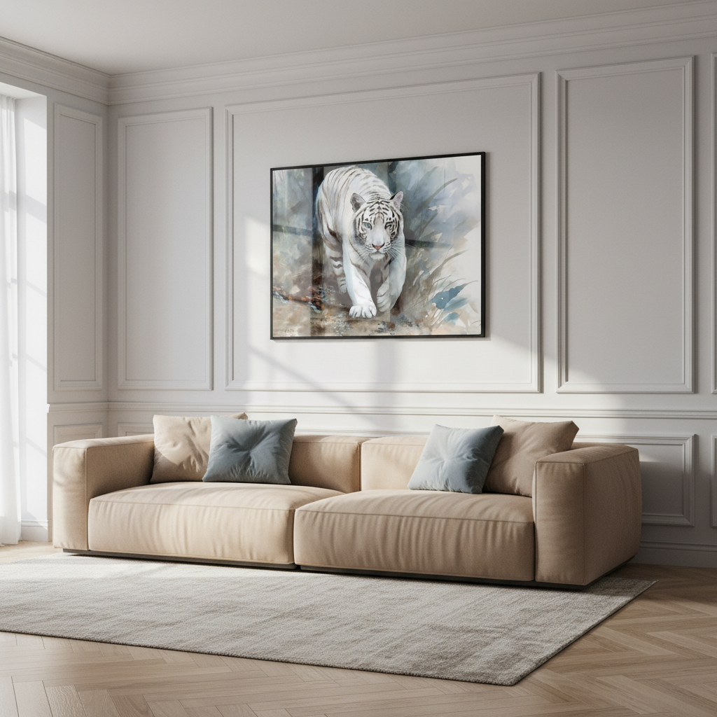 Painting white tiger walking wild