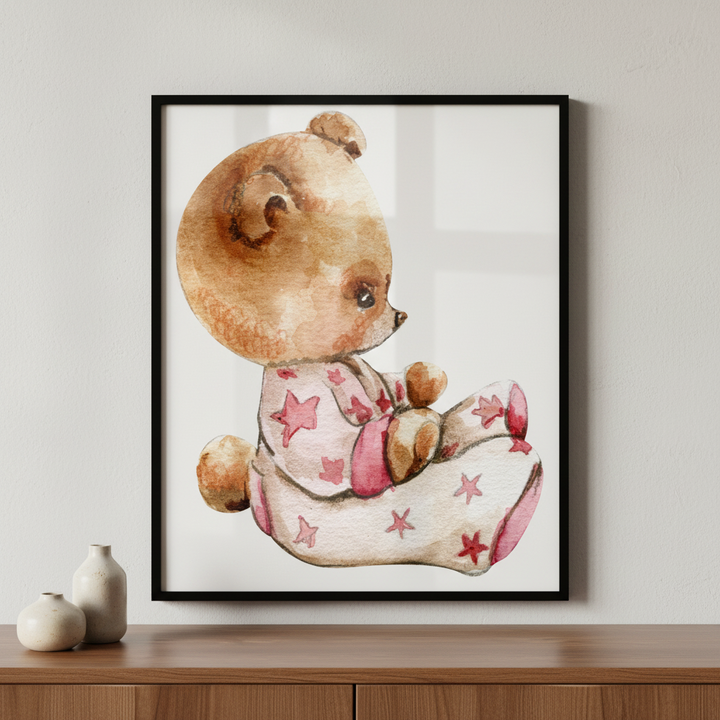 Teddy bear sitting pillow ภาพติดผังสไตล์สแกนดิเนเวีย สำหรับตกแต่งบ้านและคอนโด พร้อมกรอบคุณภาพ