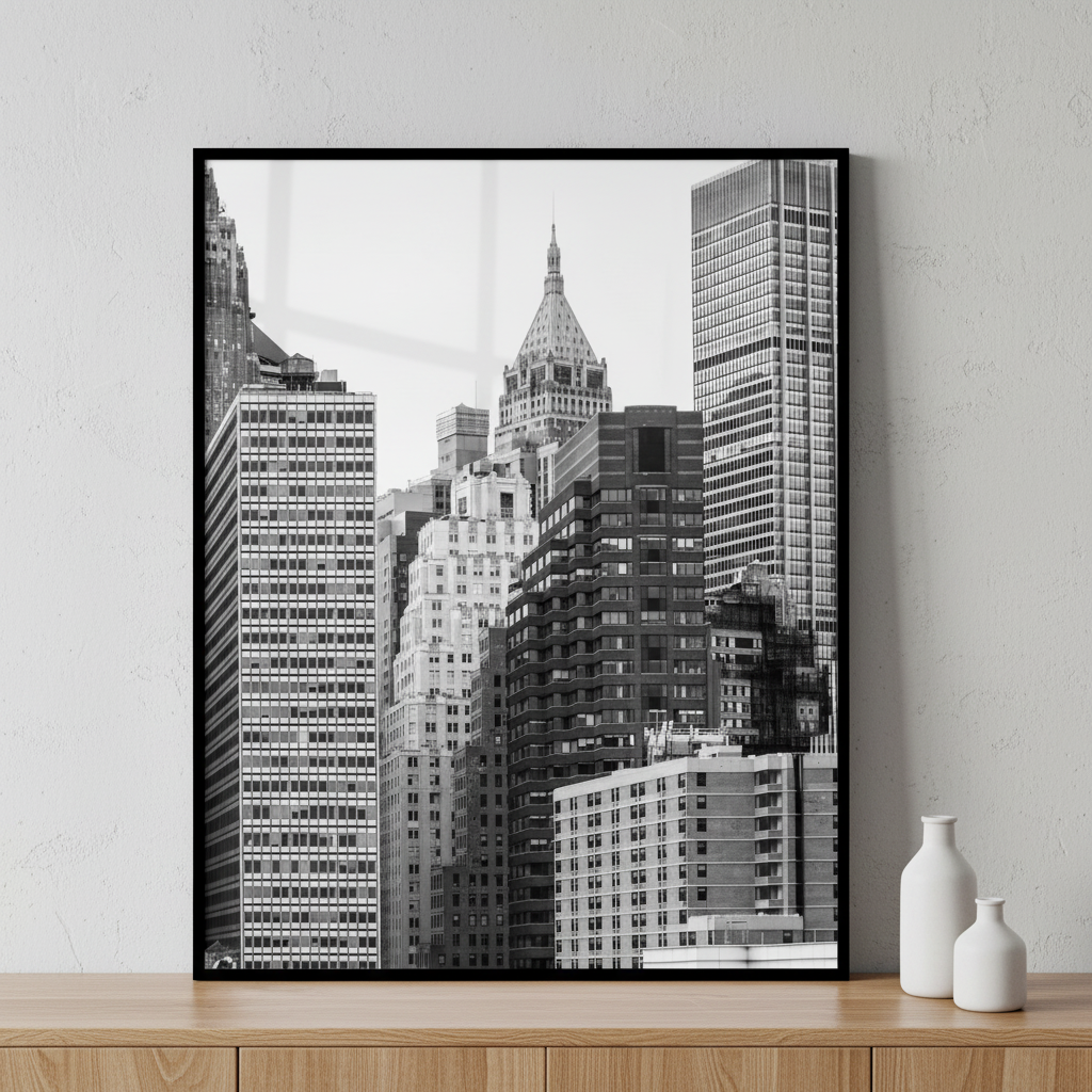 Black white city skyline tall buildings ภาพติดผังสไตล์สแกนดิเนเวีย สำหรับตกแต่งบ้านและคอนโด พร้อมกรอบคุณภาพ
