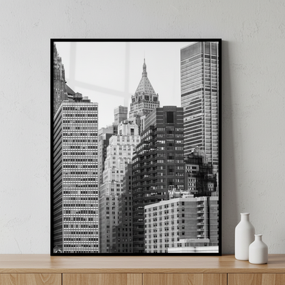Black white city skyline tall buildings ภาพติดผังสไตล์สแกนดิเนเวีย สำหรับตกแต่งบ้านและคอนโด พร้อมกรอบคุณภาพ