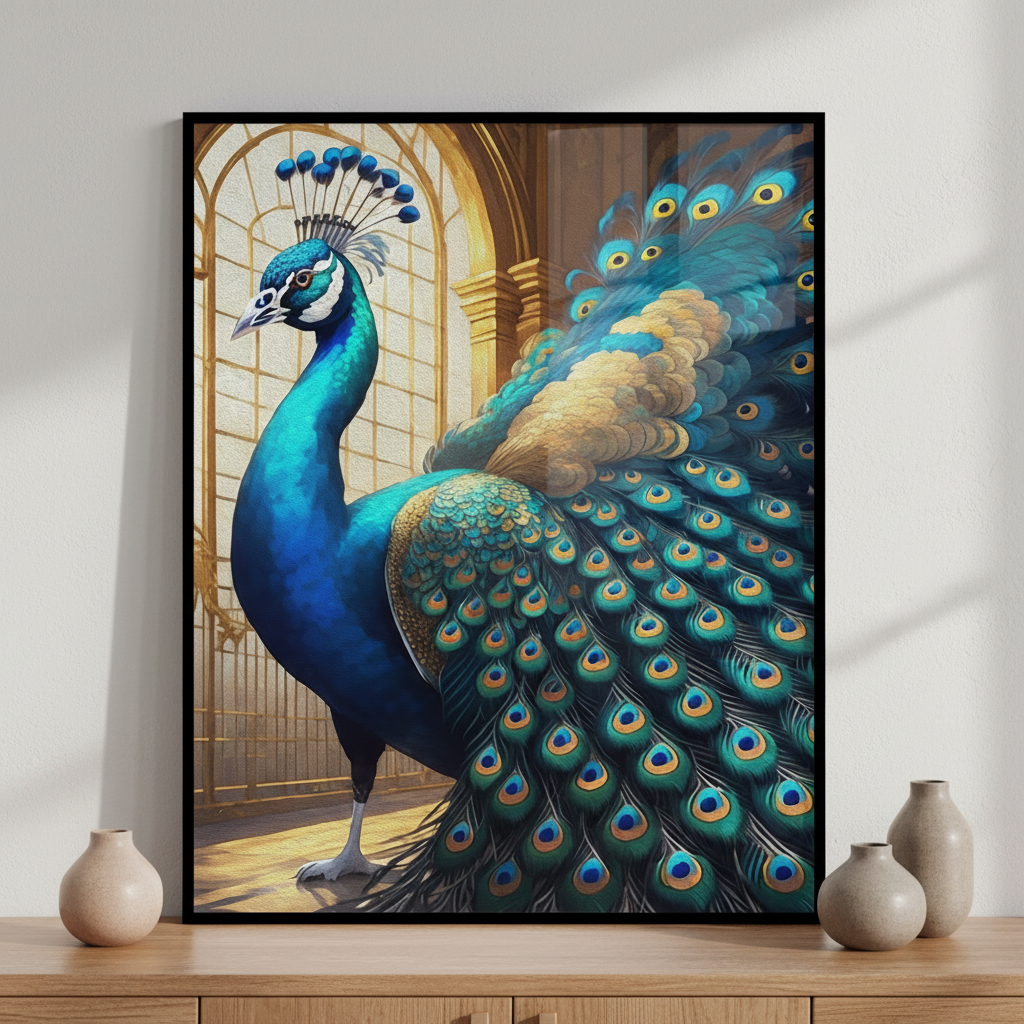 Peacock blue feathers standing window ภาพติดผังสไตล์สแกนดิเนเวีย สำหรับตกแต่งบ้านและคอนโด พร้อมกรอบคุณภาพ