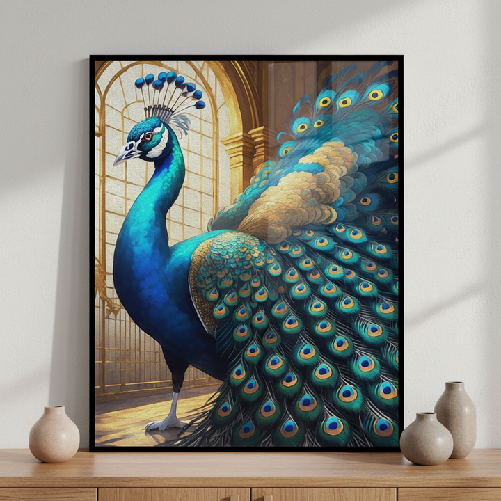 Peacock blue feathers standing window ภาพติดผังสไตล์สแกนดิเนเวีย สำหรับตกแต่งบ้านและคอนโด พร้อมกรอบคุณภาพ