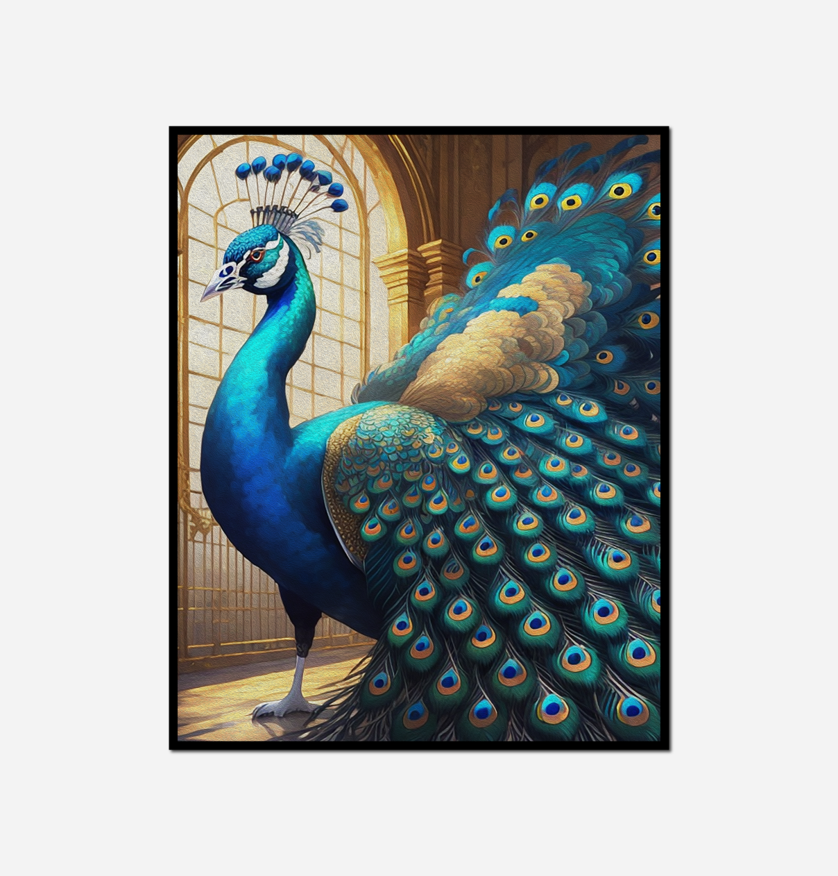 peacock blue feathers standing window