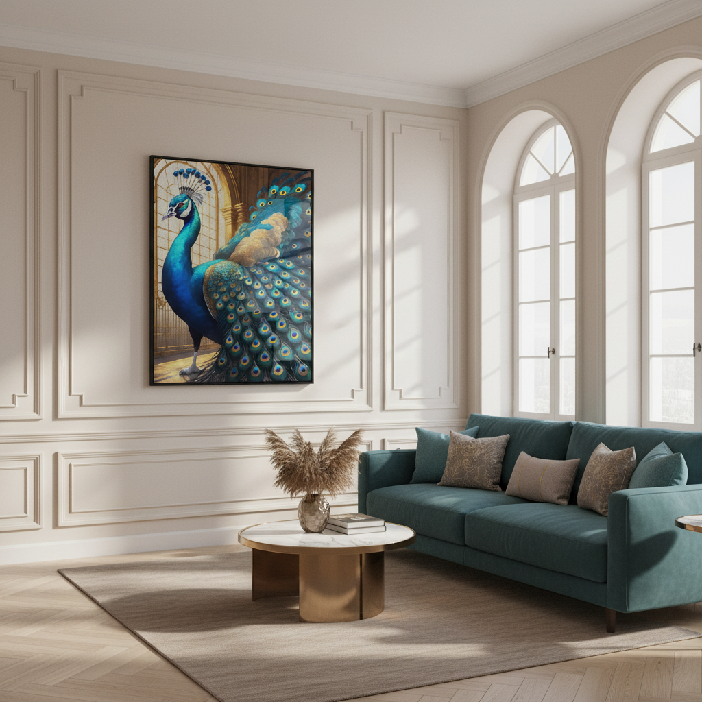 Peacock blue feathers standing window