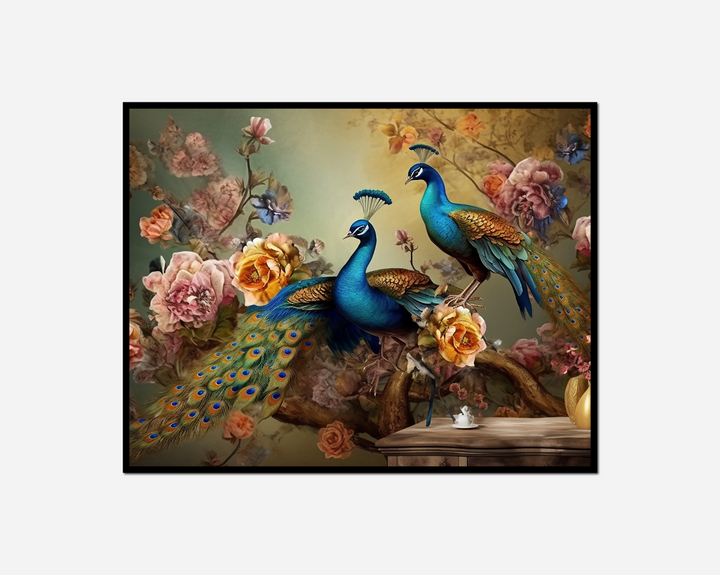 two peacocks sitting branch flowers