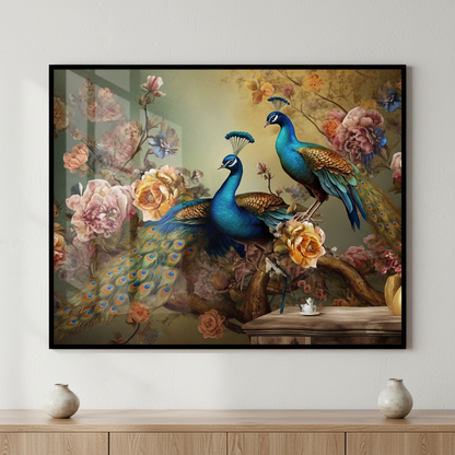 Two peacocks sitting branch flowers ภาพติดผังสไตล์สแกนดิเนเวีย สำหรับตกแต่งบ้านและคอนโด พร้อมกรอบคุณภาพ