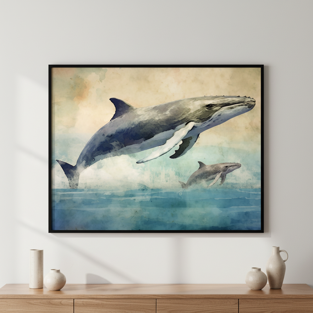Painting whale dolphin water ภาพติดผังสไตล์วิวธรรมชาติ สำหรับตกแต่งบ้านและคอนโด พร้อมกรอบคุณภาพ