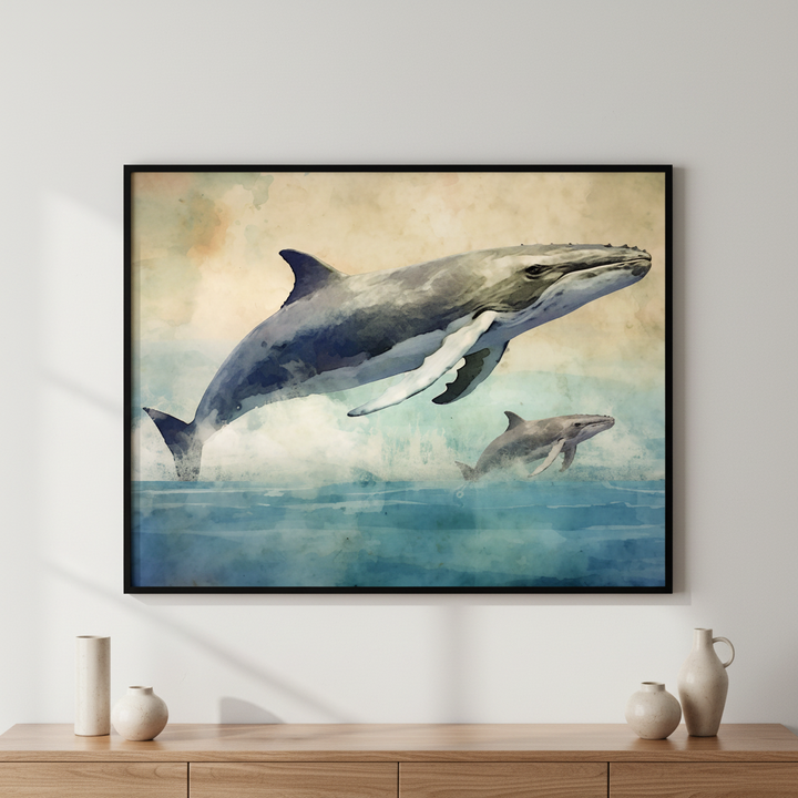 Painting whale dolphin water ภาพติดผังสไตล์วิวธรรมชาติ สำหรับตกแต่งบ้านและคอนโด พร้อมกรอบคุณภาพ