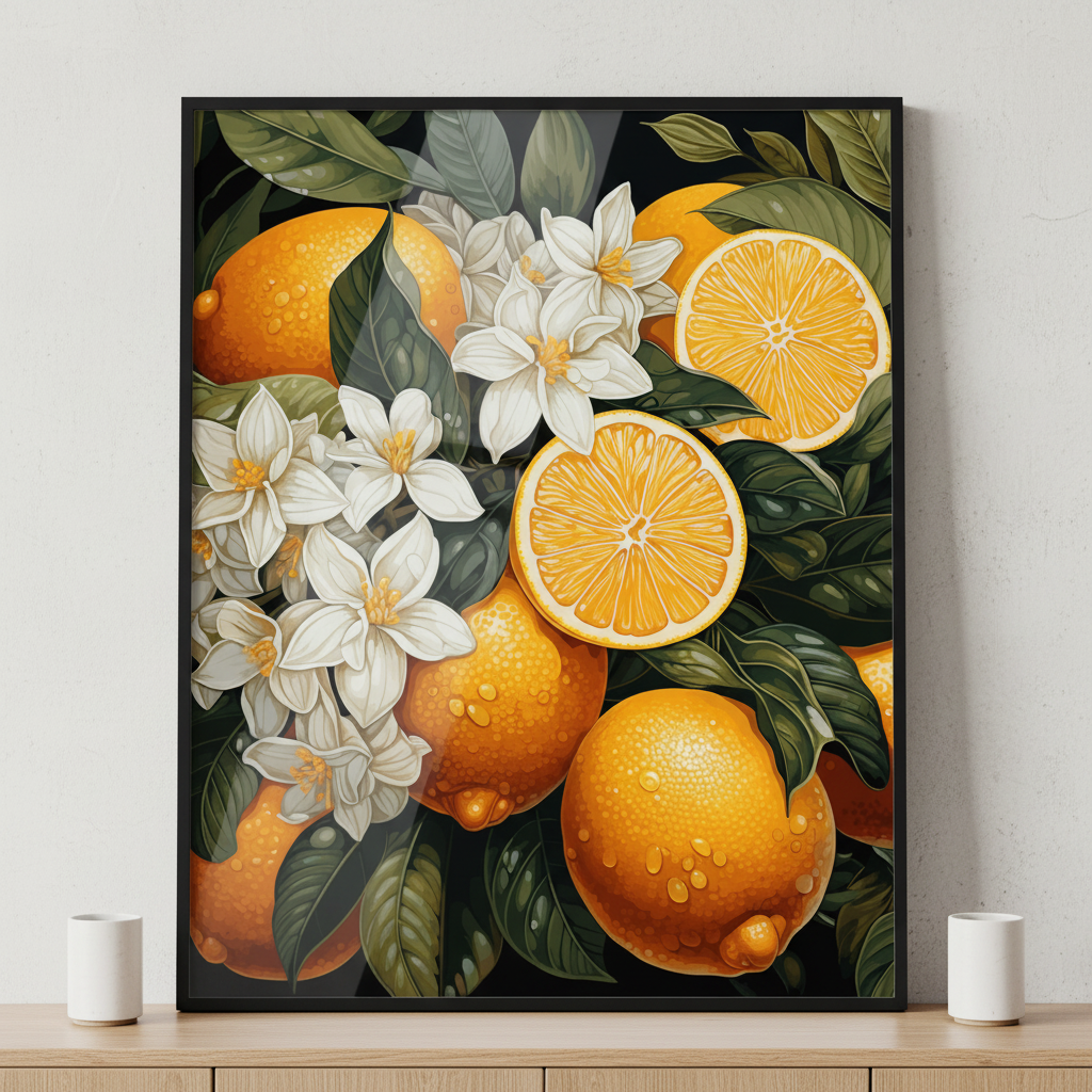 Painting oranges flowers ภาพติดผังสไตล์นามธรรม สำหรับตกแต่งบ้านและคอนโด พร้อมกรอบคุณภาพ