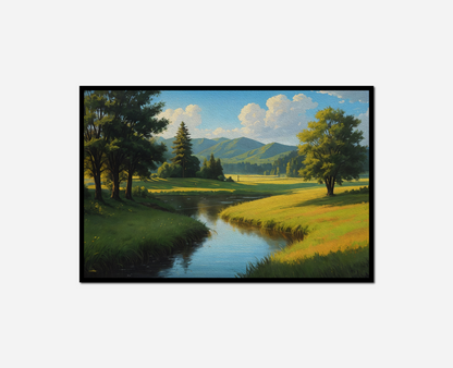 Painting river running lush green field next forest