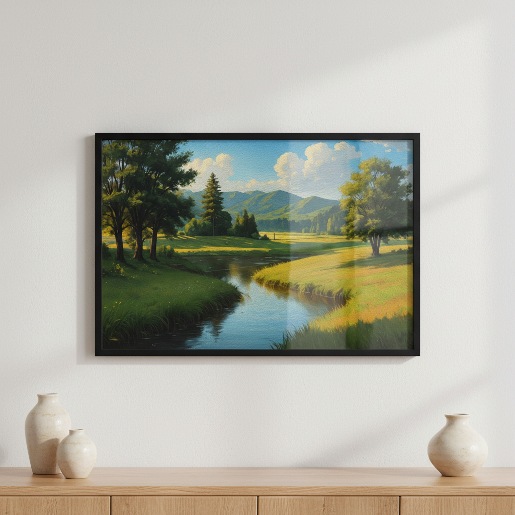 Painting river running lush green field next forest ภาพติดผังสไตล์สแกนดิเนเวีย สำหรับตกแต่งบ้านและคอนโด พร้อมกรอบคุณภาพ