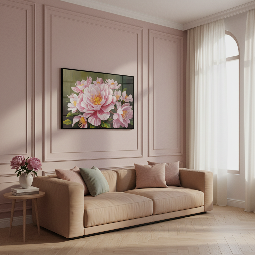 Painting pink flowers black green leaves