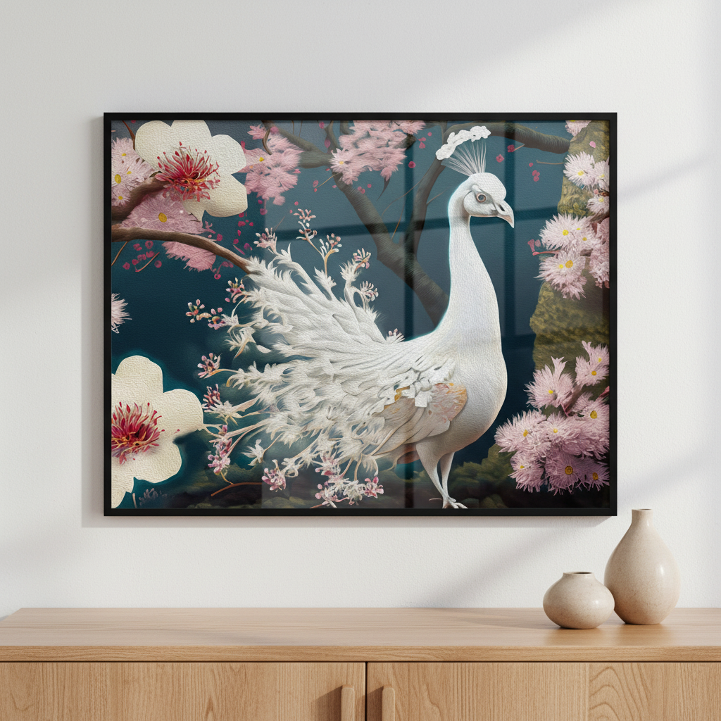 Painting white peacock white tail pink flower ภาพติดผังสไตล์สแกนดิเนเวีย สำหรับตกแต่งบ้านและคอนโด พร้อมกรอบคุณภาพ