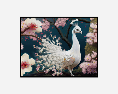 Painting white peacock white tail pink flower