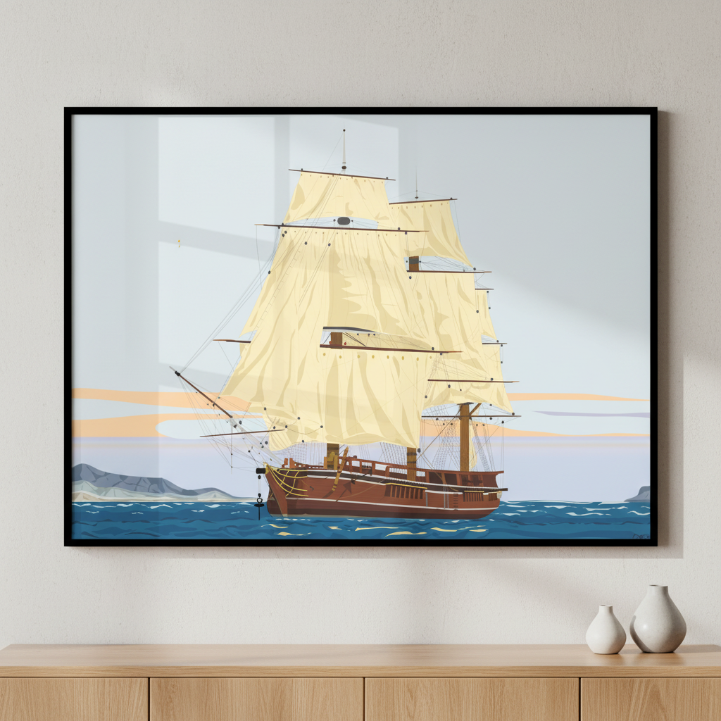 Sailboat sailing ocean ภาพติดผังสไตล์วิวธรรมชาติ สำหรับตกแต่งบ้านและคอนโด พร้อมกรอบคุณภาพ