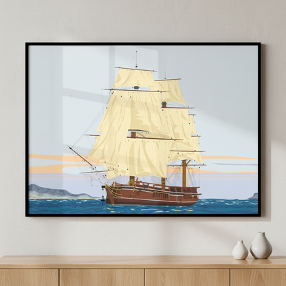 Sailboat sailing ocean ภาพติดผังสไตล์วิวธรรมชาติ สำหรับตกแต่งบ้านและคอนโด พร้อมกรอบคุณภาพ