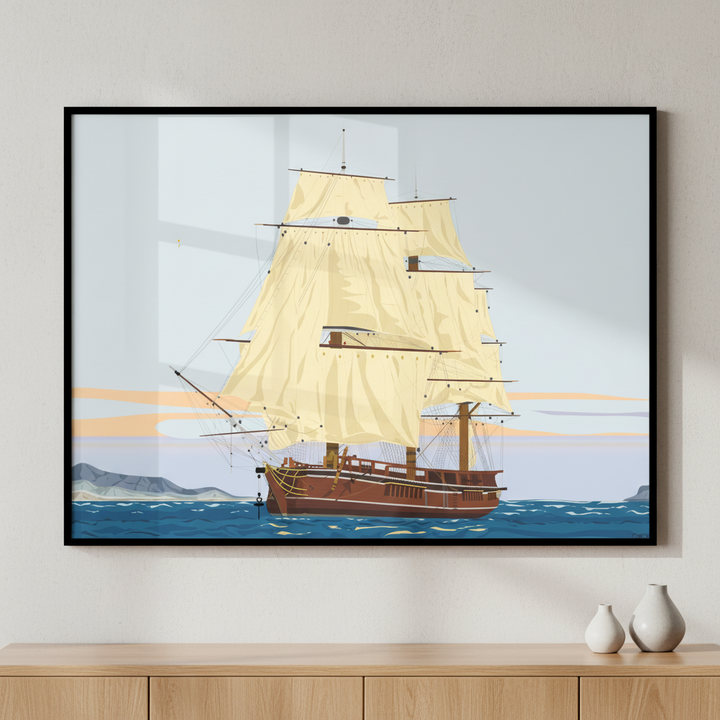 Sailboat sailing ocean ภาพติดผังสไตล์วิวธรรมชาติ สำหรับตกแต่งบ้านและคอนโด พร้อมกรอบคุณภาพ