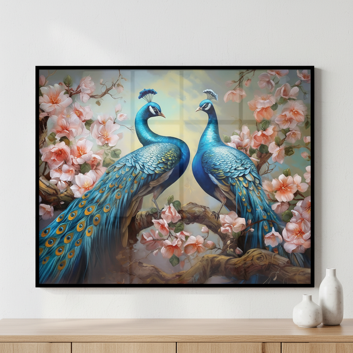 Painting two peacocks sitting branch tree ภาพติดผังสไตล์สแกนดิเนเวีย สำหรับตกแต่งบ้านและคอนโด พร้อมกรอบคุณภาพ