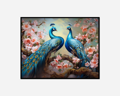 Painting two peacocks sitting branch tree