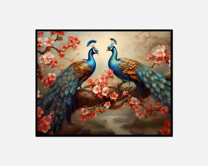 Painting two peacocks sitting branch flowers