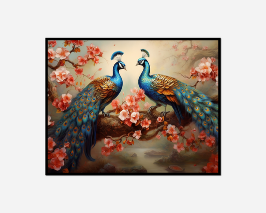 painting two peacocks sitting branch flowers