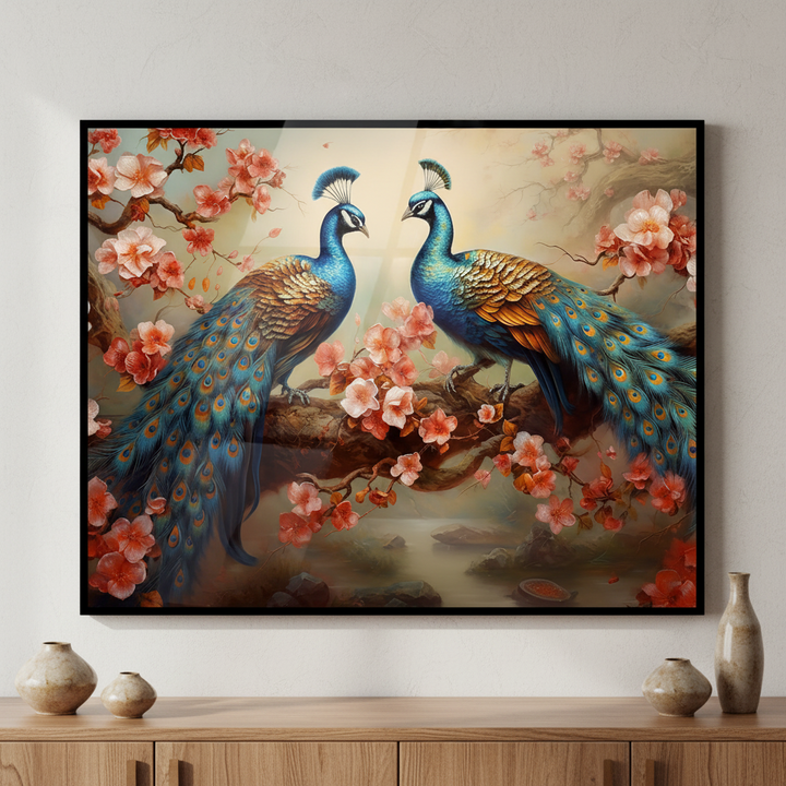 Painting two peacocks sitting branch flowers ภาพติดผังสไตล์สแกนดิเนเวีย สำหรับตกแต่งบ้านและคอนโด พร้อมกรอบคุณภาพ