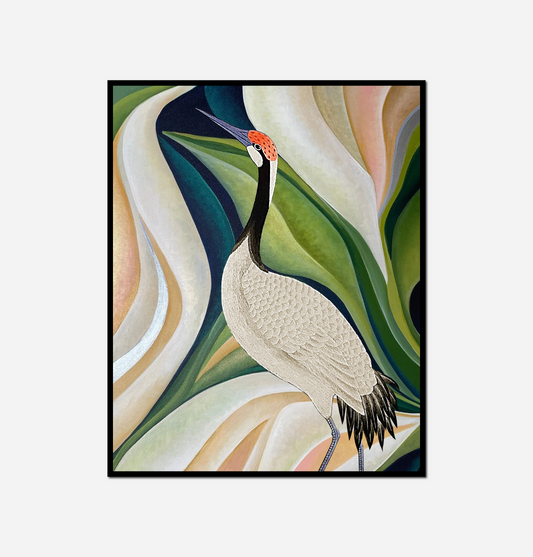 painting crane red beak long neck