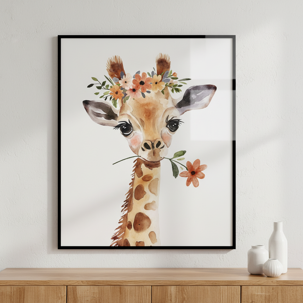Giraffe flower crown its head ภาพติดผังสไตล์สแกนดิเนเวีย สำหรับตกแต่งบ้านและคอนโด พร้อมกรอบคุณภาพ