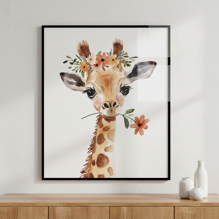 Giraffe flower crown its head ภาพติดผังสไตล์สแกนดิเนเวีย สำหรับตกแต่งบ้านและคอนโด พร้อมกรอบคุณภาพ