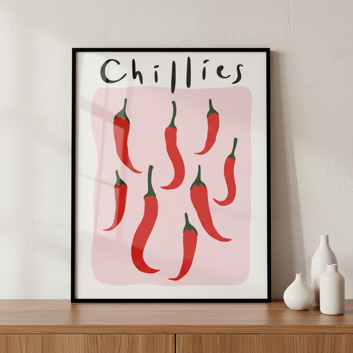 Red chili peppers pink word chillies ภาพติดผังสไตล์สแกนดิเนเวีย สำหรับตกแต่งบ้านและคอนโด พร้อมกรอบคุณภาพ