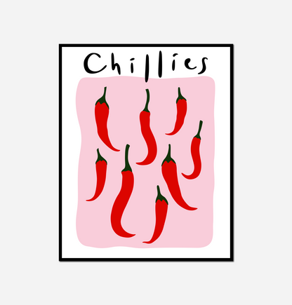 Red chili peppers pink word chillies
