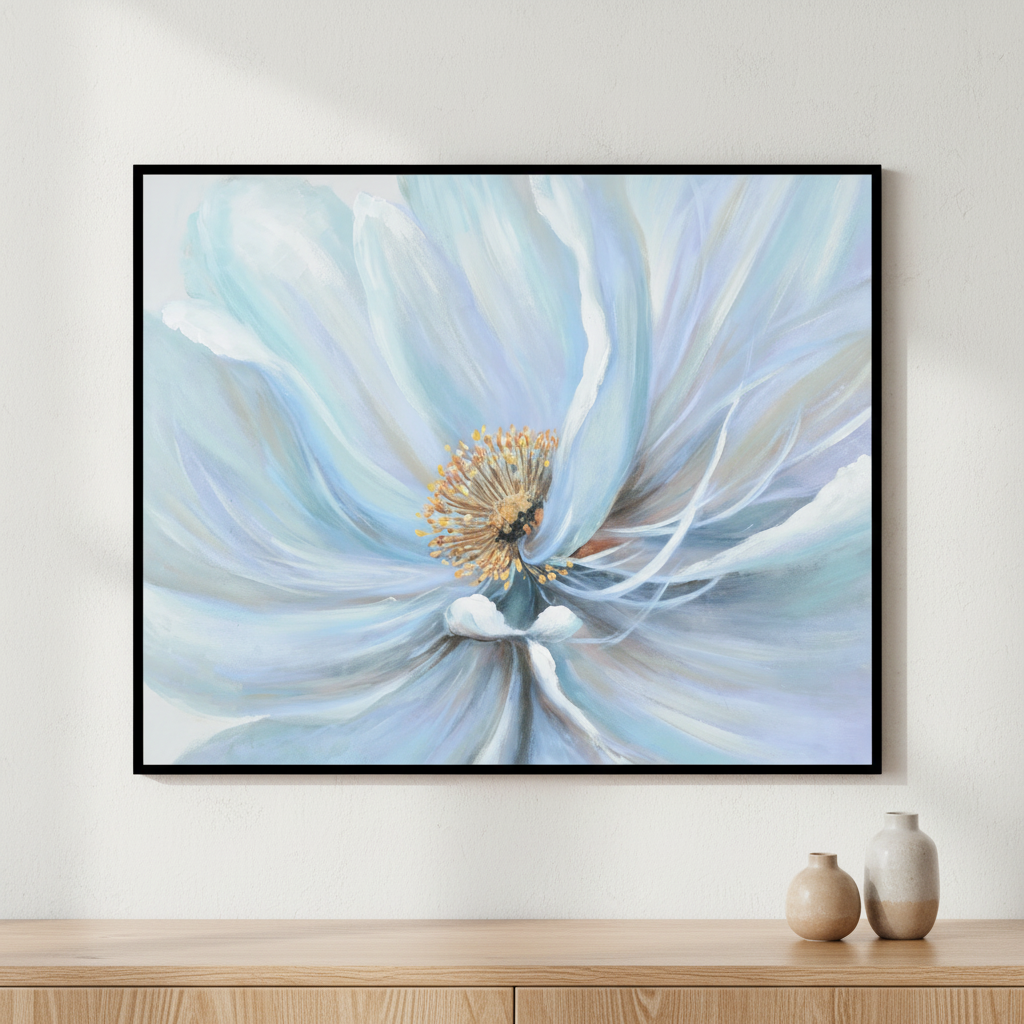 Painting white flower blue center ภาพติดผังสไตล์สแกนดิเนเวีย สำหรับตกแต่งบ้านและคอนโด พร้อมกรอบคุณภาพ