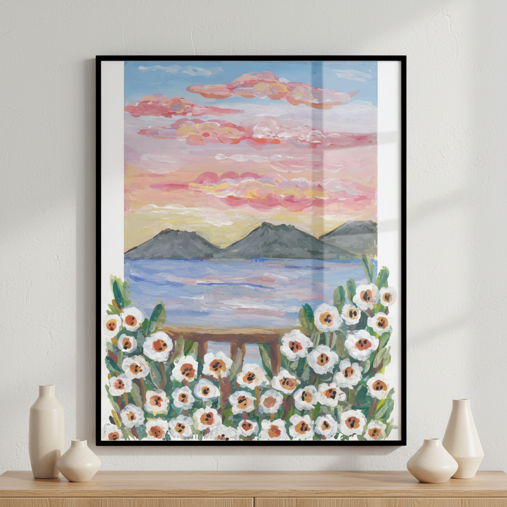 Painting sunset over body water flowers ภาพติดผังสไตล์สแกนดิเนเวีย สำหรับตกแต่งบ้านและคอนโด พร้อมกรอบคุณภาพ