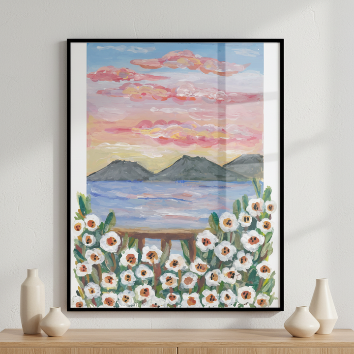 Painting sunset over body water flowers ภาพติดผังสไตล์สแกนดิเนเวีย สำหรับตกแต่งบ้านและคอนโด พร้อมกรอบคุณภาพ