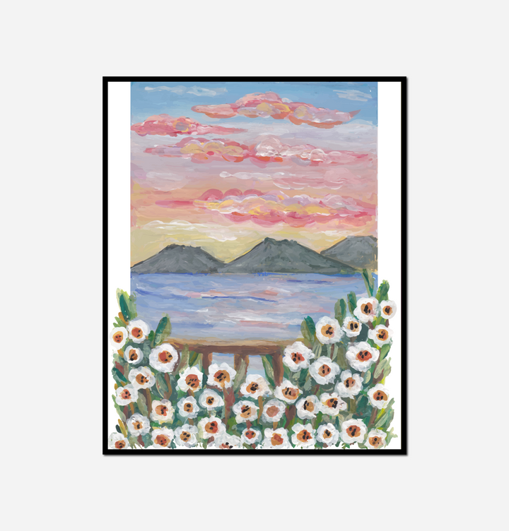 painting sunset over body water flowers