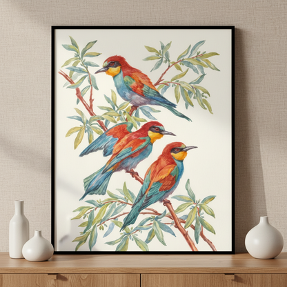 Three birds sitting branch tree ภาพติดผังสไตล์สแกนดิเนเวีย สำหรับตกแต่งบ้านและคอนโด พร้อมกรอบคุณภาพ