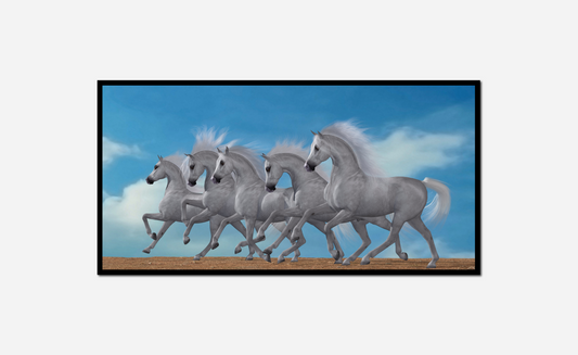 four horses running row sunny day