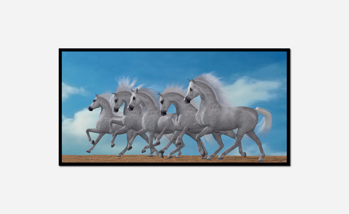 four horses running row sunny day