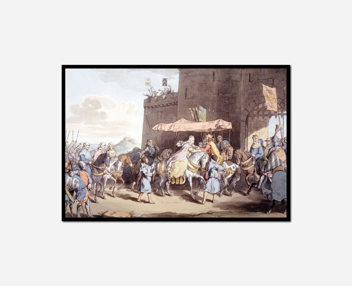 painting man horse being led by group people