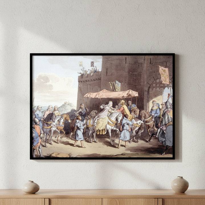 Painting man horse being led by group people ภาพติดผังสไตล์สแกนดิเนเวีย สำหรับตกแต่งบ้านและคอนโด พร้อมกรอบคุณภาพ