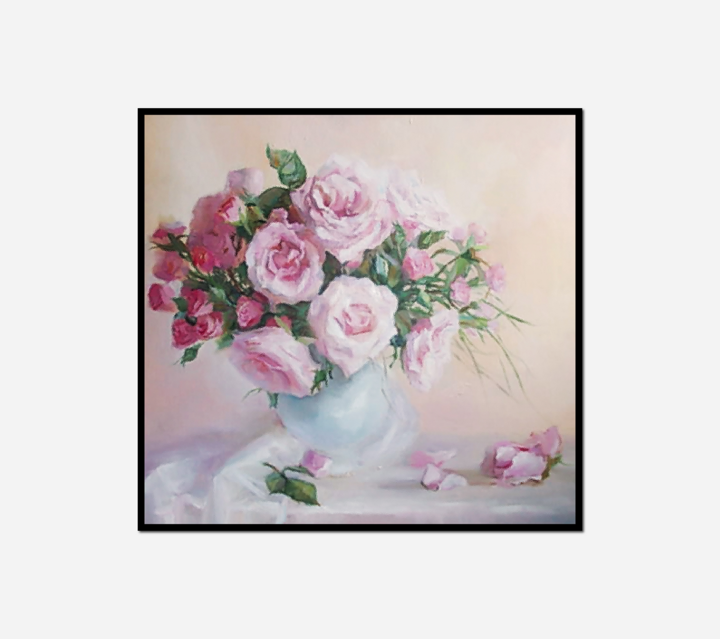 painting vase pink roses table