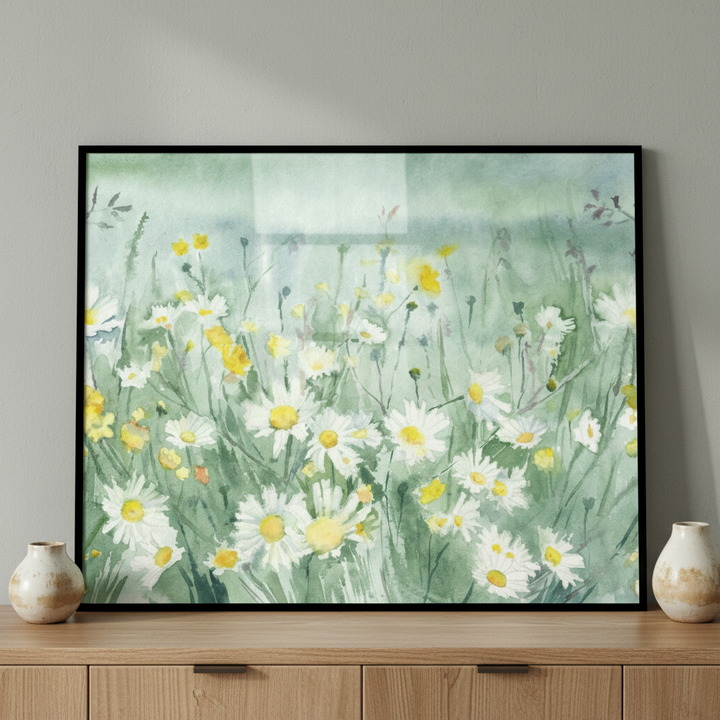 Painting field daisies butterfly ภาพติดผังสไตล์สแกนดิเนเวีย สำหรับตกแต่งบ้านและคอนโด พร้อมกรอบคุณภาพ