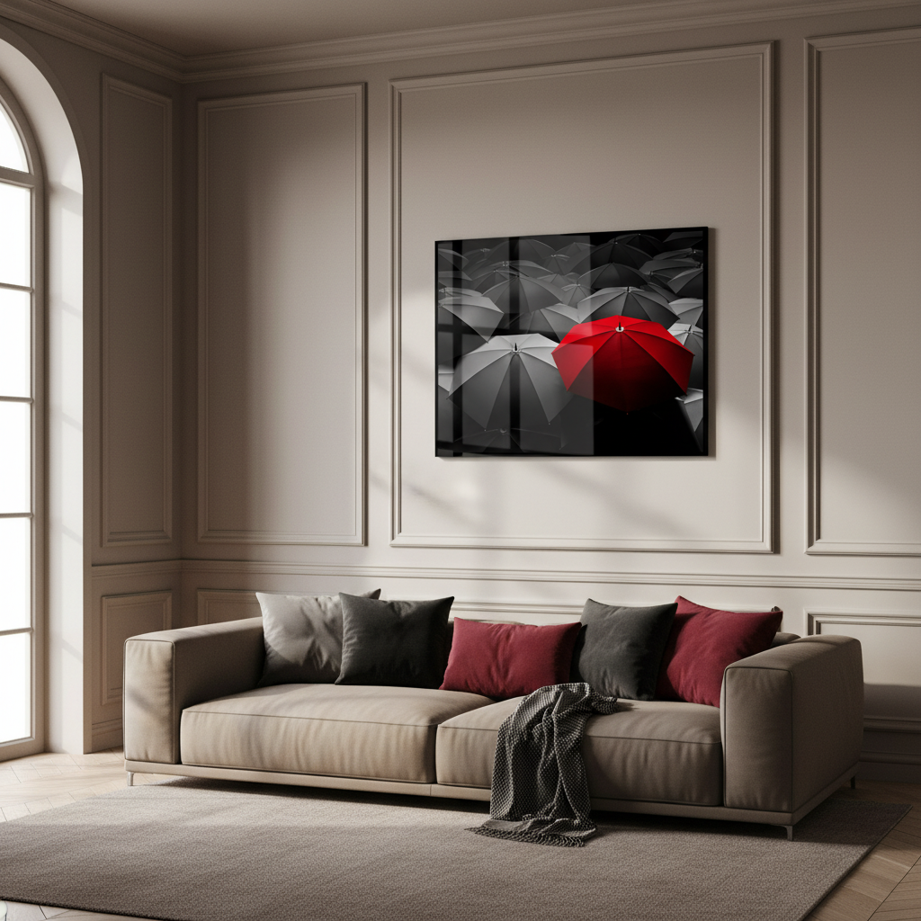 Red umbrella standing out from group black umbrellas